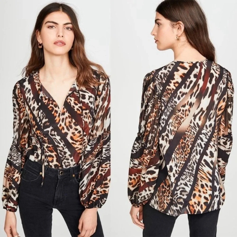 KOBI HALPERIN Fallon Mix Leopard Silk Blouse In Black Multi Small NWT‎